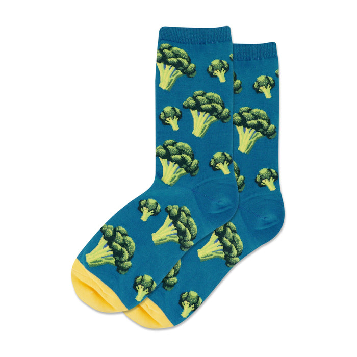 Pair of teal crew socks with a repeating pattern of illustrated green and yellow broccoli florets. Yellow cuffs. }}