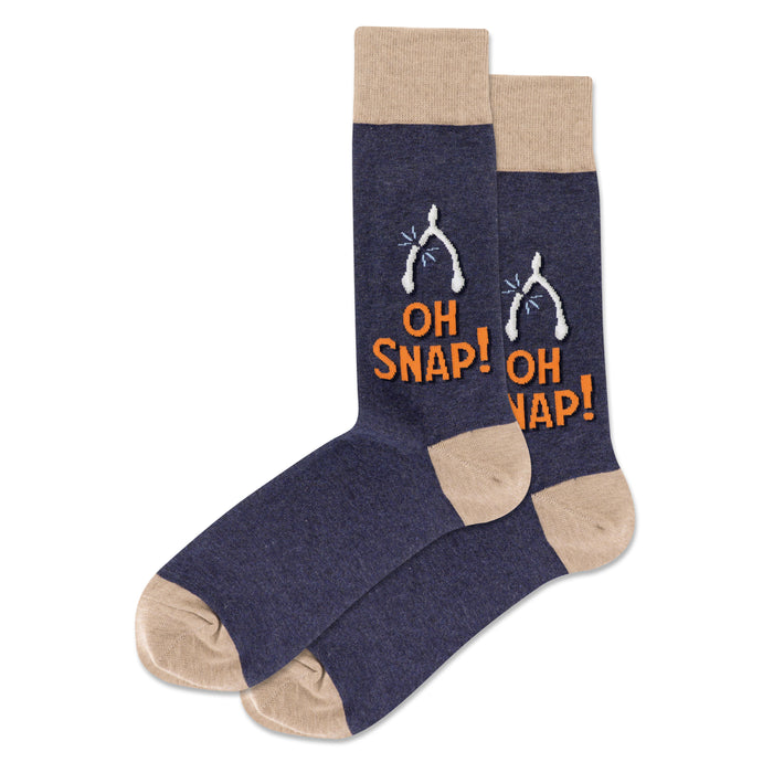 Pair of crew socks, navy blue with tan cuffs, featuring wishbone and 'Oh Snap!' text design. }}