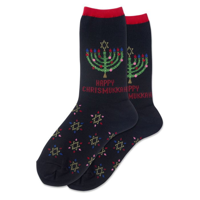 Pair of navy blue crew socks. Feature a menorah graphic, 'Happy Chrismukkah' text, and a repeating Star of David pattern in multicolored thread. }}