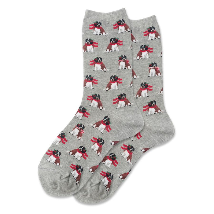 Pair of grey crew socks with a repeating pattern of brown and white dogs wearing red holiday scarves. }}