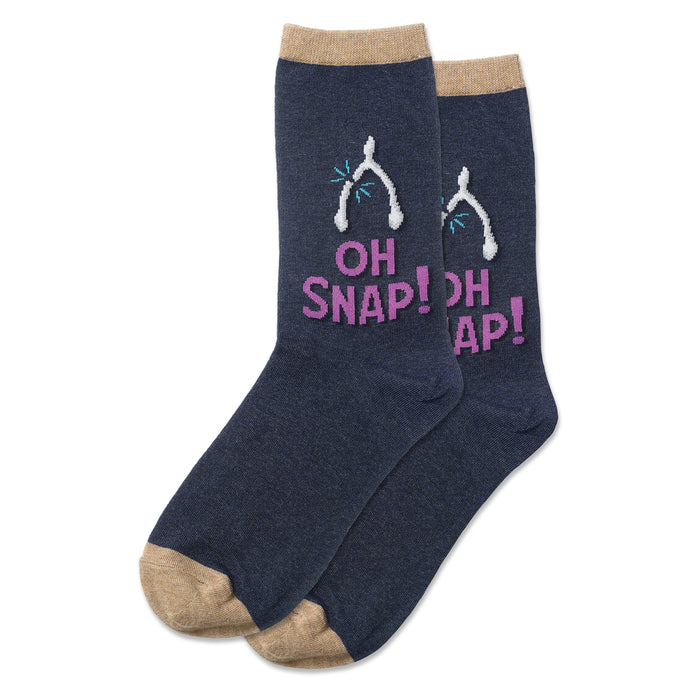 Pair of navy blue crew socks with a tan cuff and toe. The design features two wishbones and the phrase 'Oh Snap!' in purple. }}