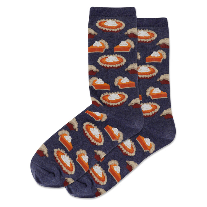A pair of navy blue crew socks with a repeating pattern of orange pumpkin pie slices and whipped cream. }}