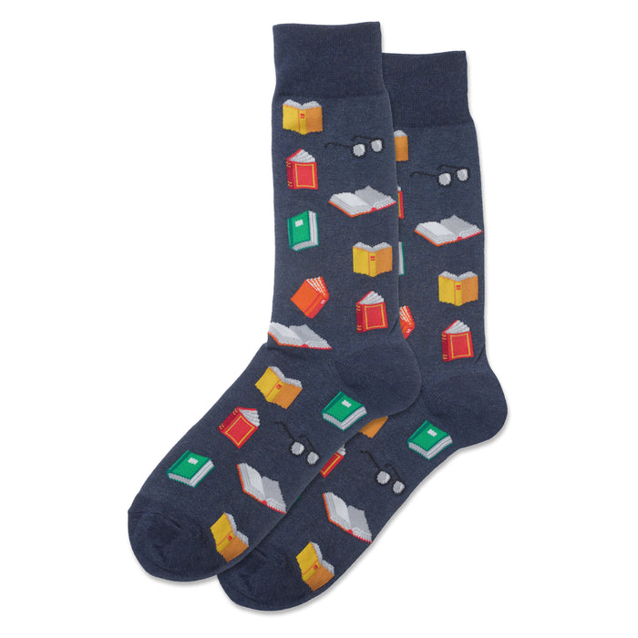 Pair of navy blue crew socks with a playful pattern of multicolored pixelated books and glasses. }}