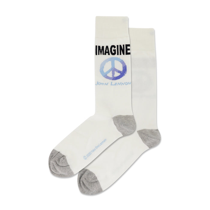Pair of white crew socks with a blue and purple peace symbol and 'Imagine' and 'John Lennon' printed on them. Grey heel and toe. }}