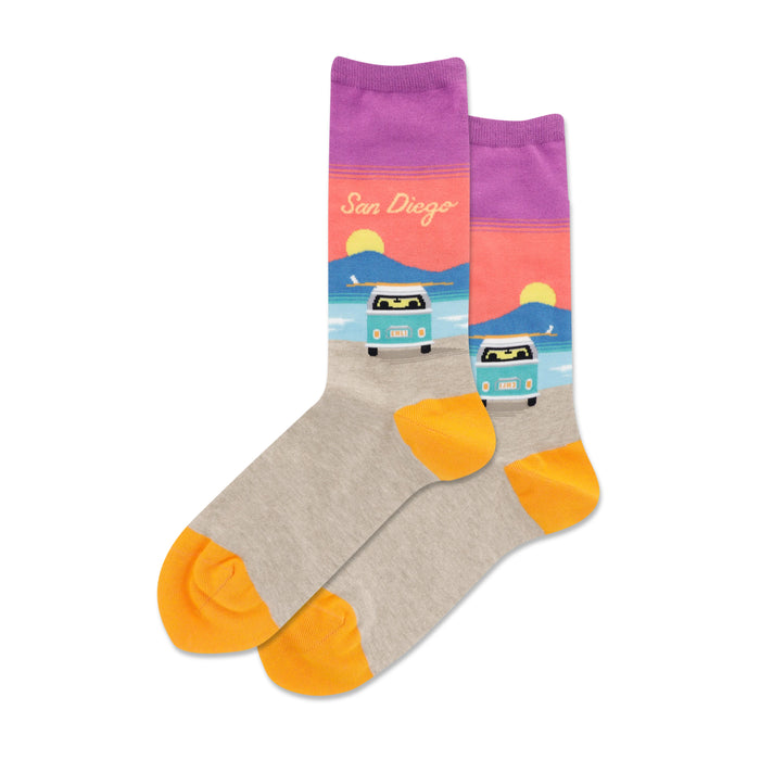 Crew socks in grey with orange toes and heels. The top features a purple, pink, and coral sunset design, a teal VW bus, and 'San Diego' text. }}