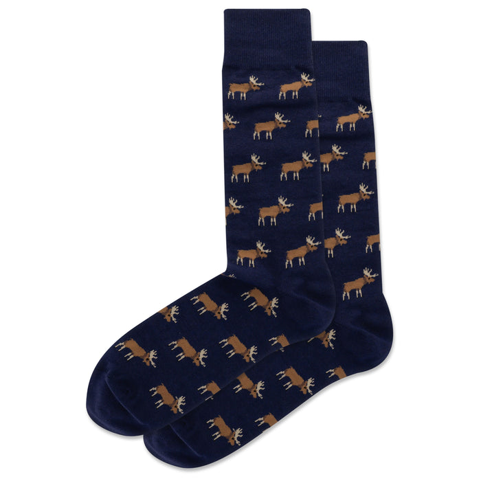 Pair of navy blue crew socks with a repeating pattern of small brown moose. The moose are a simple, almost pixelated design. }}