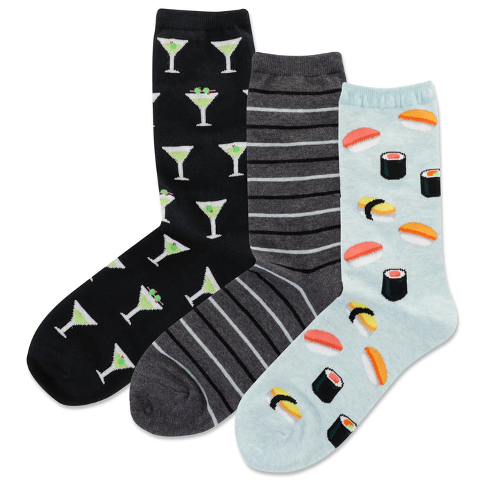 Three pairs of crew socks. One black pair features martini glasses, one grey pair has stripes, and one light blue pair shows sushi. }}