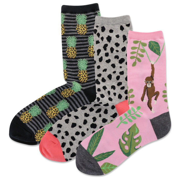 Three pairs of crew socks. One pair has black stripes and pineapples, one is gray with black spots, and one is pink with a monkey and tropical leaves. }}