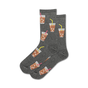 Pair of crew socks shown in grey.  Iced coffee cups with pink straws are printed on a grey background.