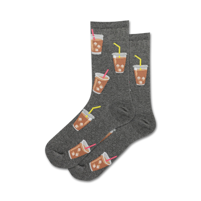 Pair of crew socks shown in grey.  Iced coffee cups with pink straws are printed on a grey background.