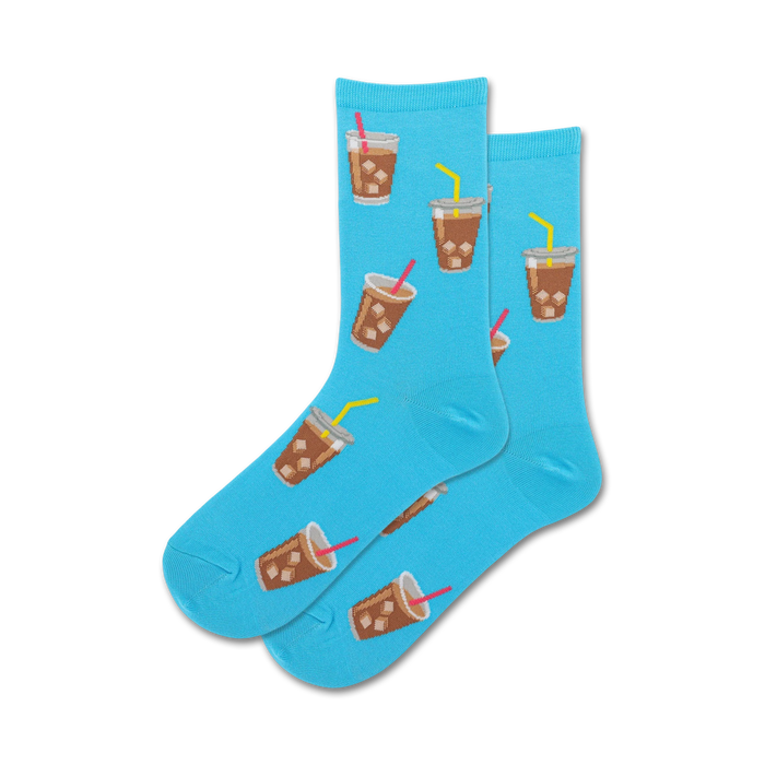 Lifestyle shot showing a person wearing light blue 'Iced Coffee' socks and another person wearing grey socks with sunglasses on them.