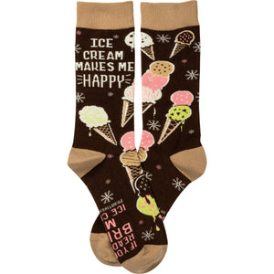 Crew socks in brown and tan.  The design features various ice cream cones and the text 'Ice Cream Makes Me Happy'.