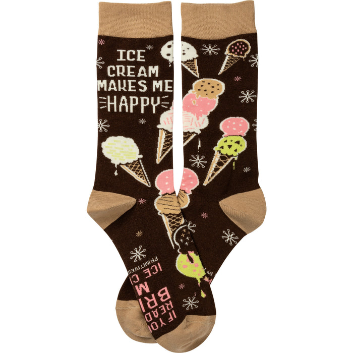 Crew socks in brown and tan.  The design features various ice cream cones and the text 'Ice Cream Makes Me Happy'.