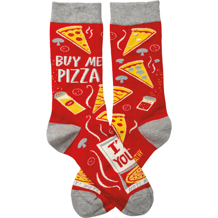 Pair of red crew socks with a pizza-themed design. Features pizza slices, 'Buy Me Pizza' text, and gray cuffs. }}