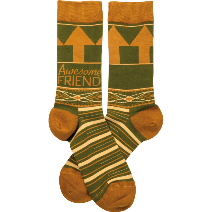 Crew socks in olive green and mustard yellow.  The design includes geometric shapes, a Southwestern-inspired band, and the words 'Awesome Friend'. }}