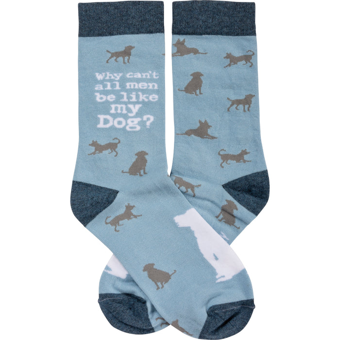 Crew socks in light blue with a grey dog pattern. Text on the sock reads: Why can't all men be like my Dog? }}