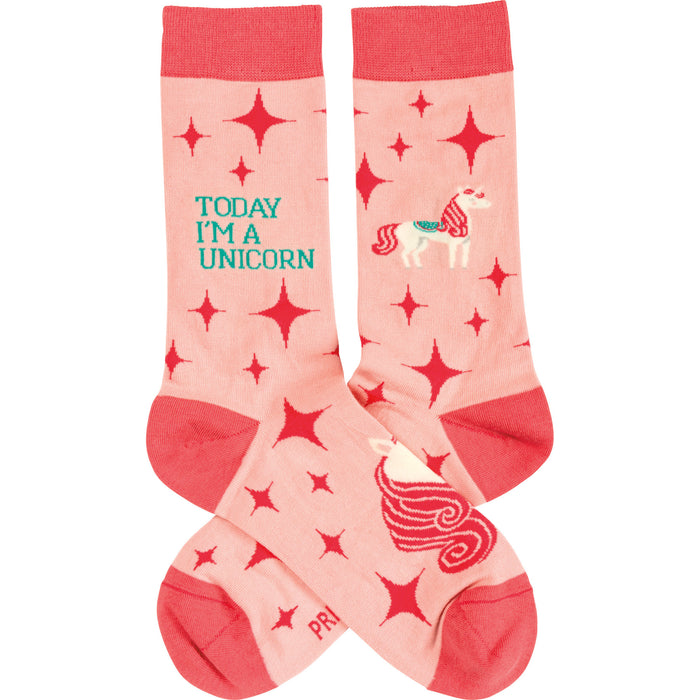 Crew socks in pink with a red star and unicorn pattern. The text 'Today I'm a Unicorn' is featured. }}