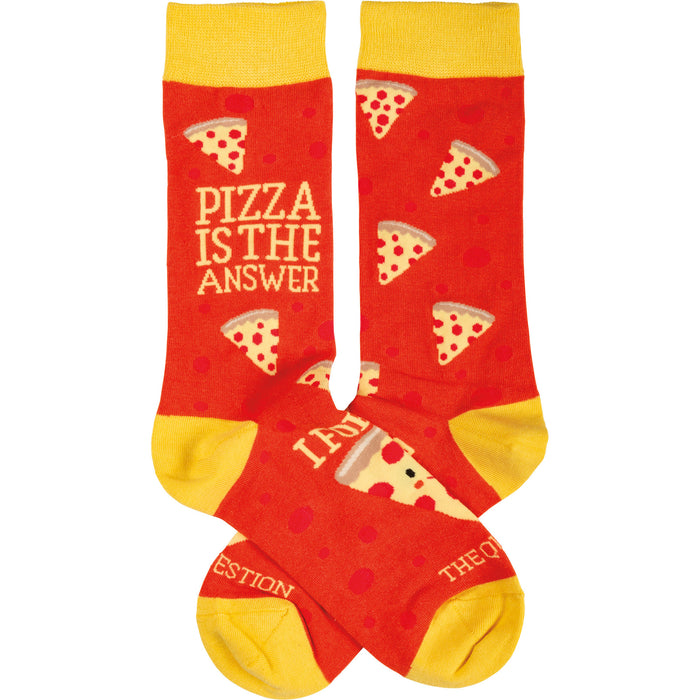 Crew socks, red with yellow cuffs.  Pizza slices are scattered across a red background. Text on one sock says 'Pizza is the answer'. }}