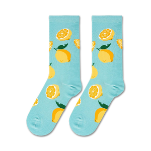 Flatlay of two lemon socks on a white background.