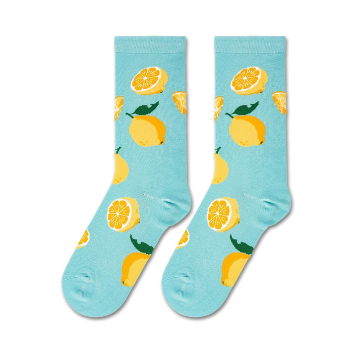 Flatlay of two lemon socks on a white background.