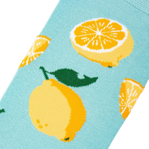 Close-up detail shot of a lemon sock, showcasing the lemon print.