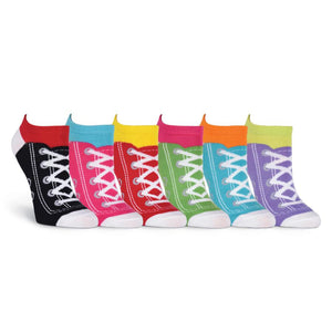 Six pairs of low-cut socks featuring a sneaker design. Colors include black, pink, turquoise, yellow, green, and purple.