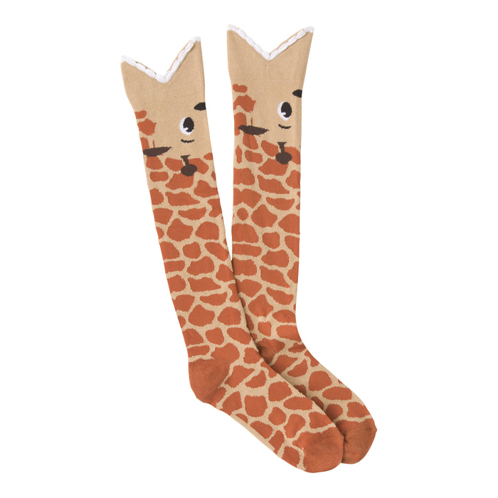 Pair of knee-high socks. Tan and reddish-brown giraffe print. Cute giraffe faces are visible at the top of each sock. }}