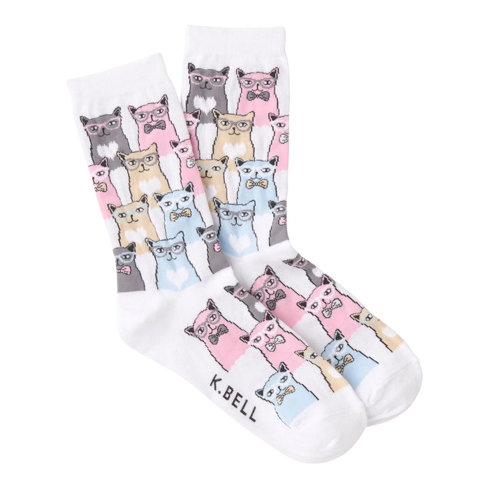 Crew socks in white and grey featuring a pattern of cats wearing glasses and bow ties in pink, blue, and beige.