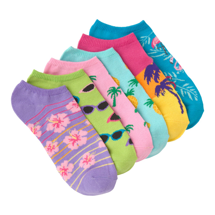Six low-cut socks with tropical patterns: hibiscus, palm trees, pineapples, flamingos, and retro sunglasses. Bright colors including purple, pink, yellow, and turquoise. }}