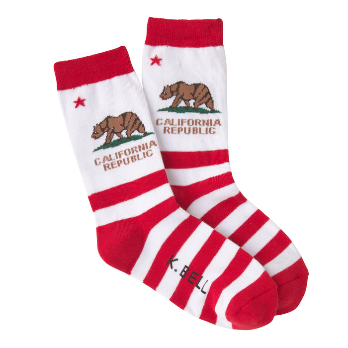Pair of California Republic crew socks. Red and white horizontal stripes, brown bear graphic, and 'California Republic' text. }}
