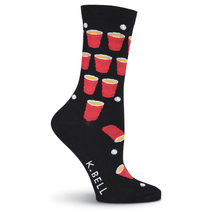 Black crew socks with a fun beer pong design featuring red solo cups and white ping pong balls. }}