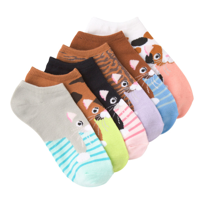 Six pairs of low-cut socks. Each sock shows a different cartoon cat in various colors like brown, pink, green, and blue. Some cats are on striped backgrounds. }}