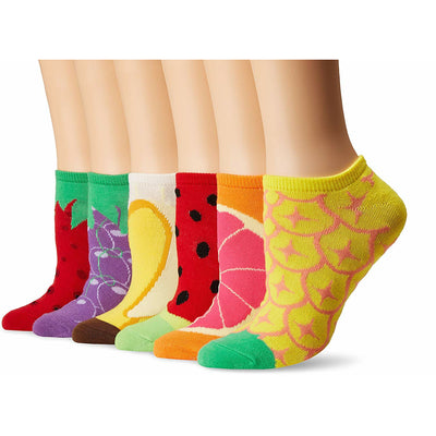 Six pairs of low-cut fruit socks. Designs include strawberries, grapes, lemons, watermelon, grapefruit, and pineapple. Bright, colorful patterns on a white background.