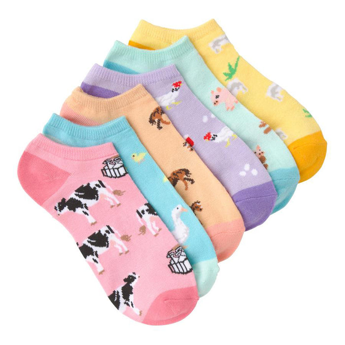 Six pairs of pastel-colored ankle socks. Each sock features a different farm animal design: cows, chickens, pigs, and horses are visible. }}