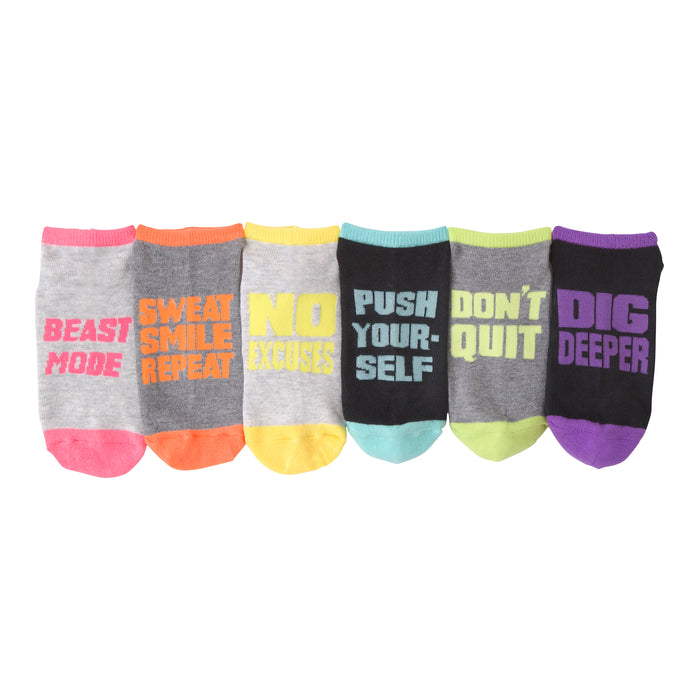 Six ankle socks in a 6-pack. Each sock has a different motivational message and a contrasting colored cuff. Colors include gray, black, pink, orange, yellow, and teal. }}