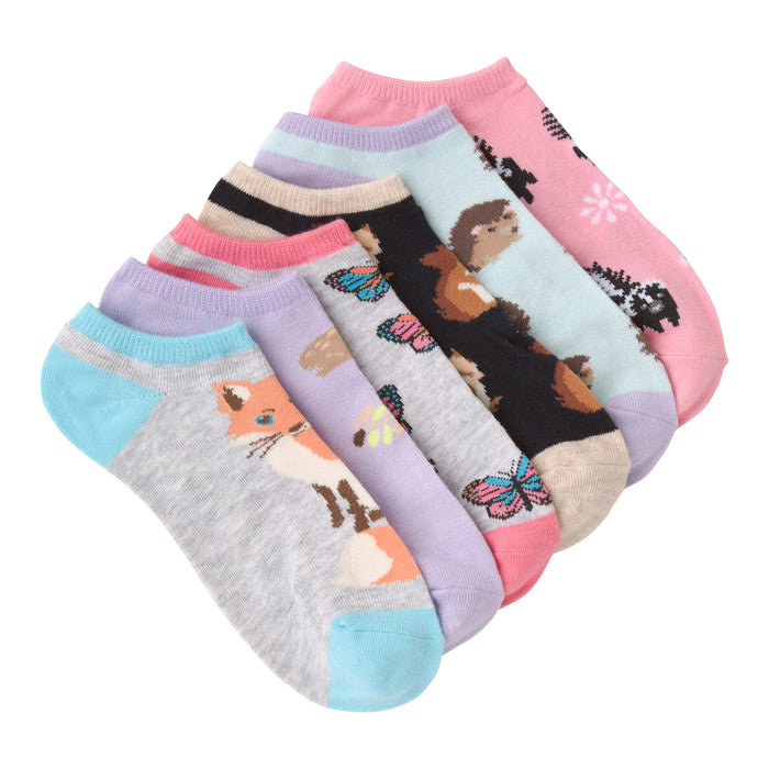 Six no-show socks in pastel colors; gray, pink, lavender, teal. Designs include foxes, hedgehogs and butterflies. }}