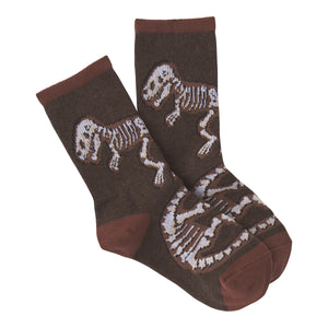 Pair of brown crew socks with a pattern of beige dinosaur skeletons.