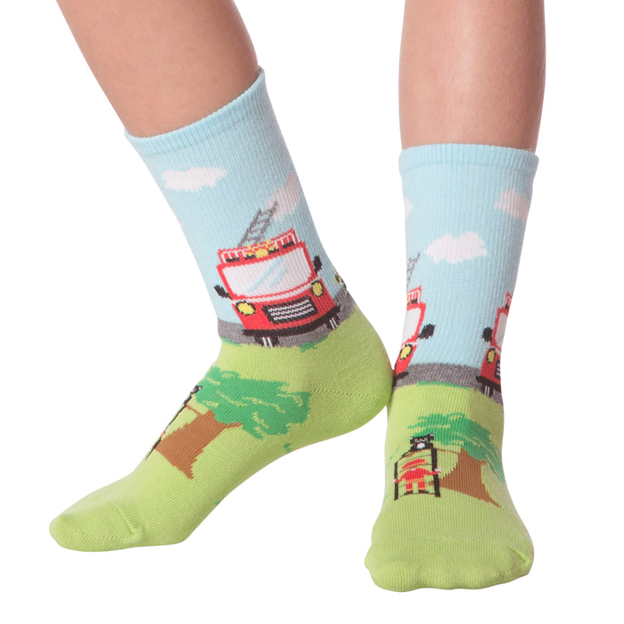 Lifestyle shot of Fireman socks on a person's feet, showing the full sock design.