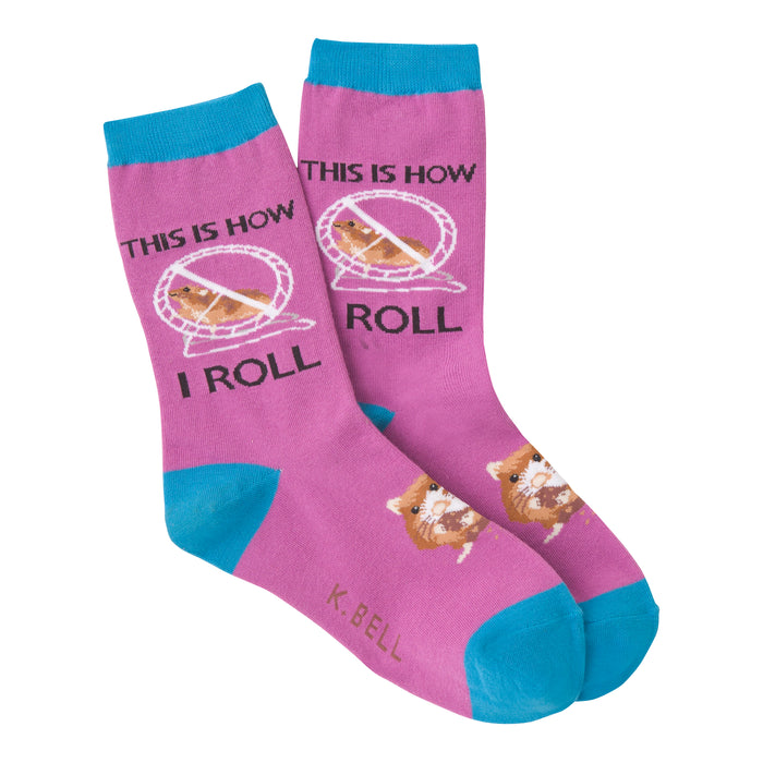 Crew socks in purple and teal, featuring a hamster design and the phrase 'This Is How I Roll'. }}