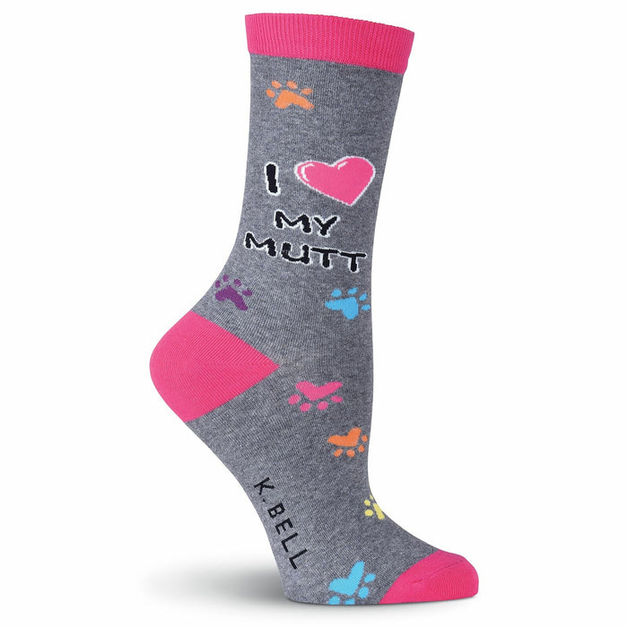 Grey crew socks with pink accents, colorful paw prints, and 'I love my mutt' text.  A fun and comfortable sock for dog lovers! }}