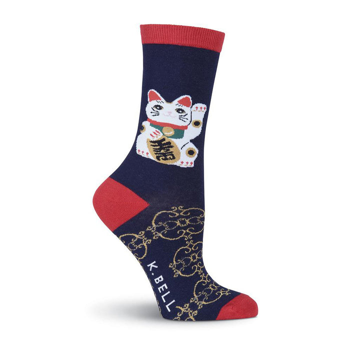 Crew socks, navy blue with red accents. Feature a large white Maneki-neko (lucky cat) and a gold pattern. }}
