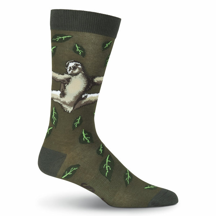 Olive green crew socks with a relaxed sloth and green leaf design. Fun and comfortable! }}