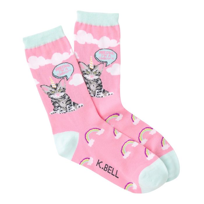 Crew socks in pink with a grey cat unicorn design, rainbows, and clouds. The words 'Meow, I'm a Unicorn' are in a speech bubble. }}