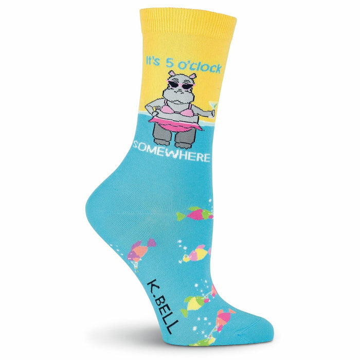 Crew socks in yellow, light blue, and pink. Feature a cartoon hippo in a bikini holding a cocktail, with 'It's 5 O’Clock Somewhere' text and colorful fish. }}
