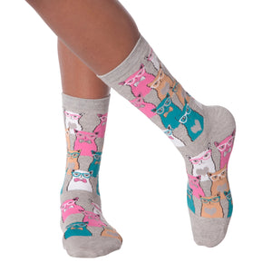 Close-up of a person's legs wearing grey Smarty Cats socks.
