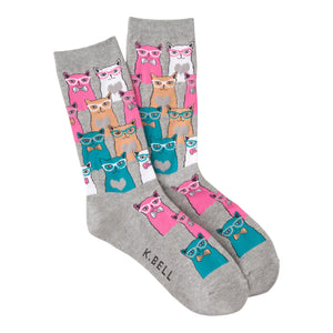 Pair of grey Smarty Cats socks shown on a white background.