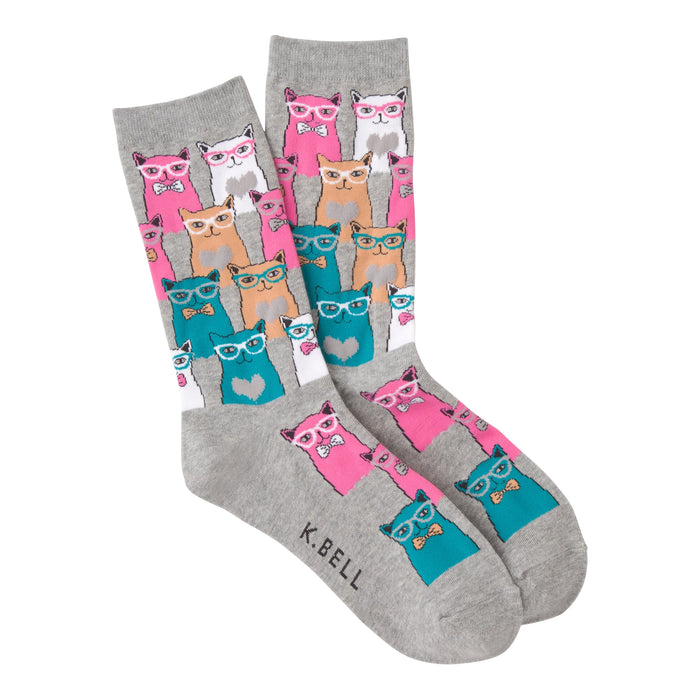 Pair of grey Smarty Cats socks shown on a white background.