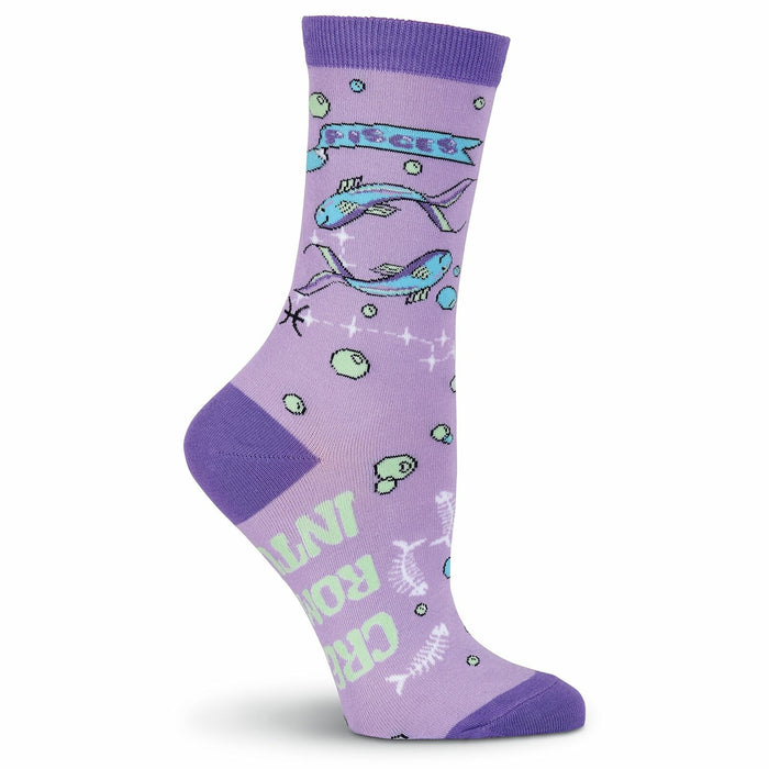Crew socks in lavender featuring Pisces fish, bubbles, and a 'Don't Worry, Be Cappy' message. Light teal and green accents. }}