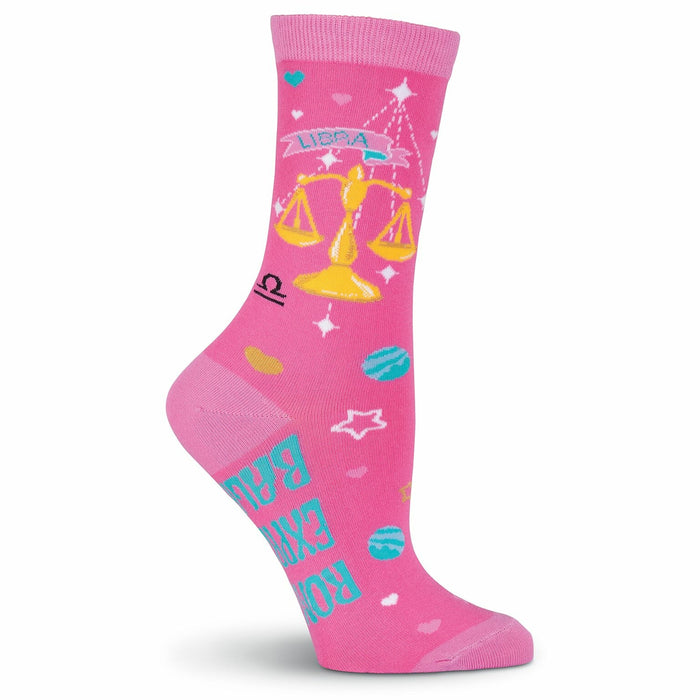 Pink crew socks with a Libra design. Features a gold scale, teal planets, stars, and the text 'Rock your balance'. }}