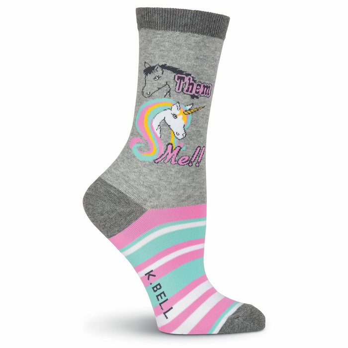 Crew socks in grey, pink, and teal.  Feature a unicorn graphic with rainbow mane and the text 'Them Me!' }}